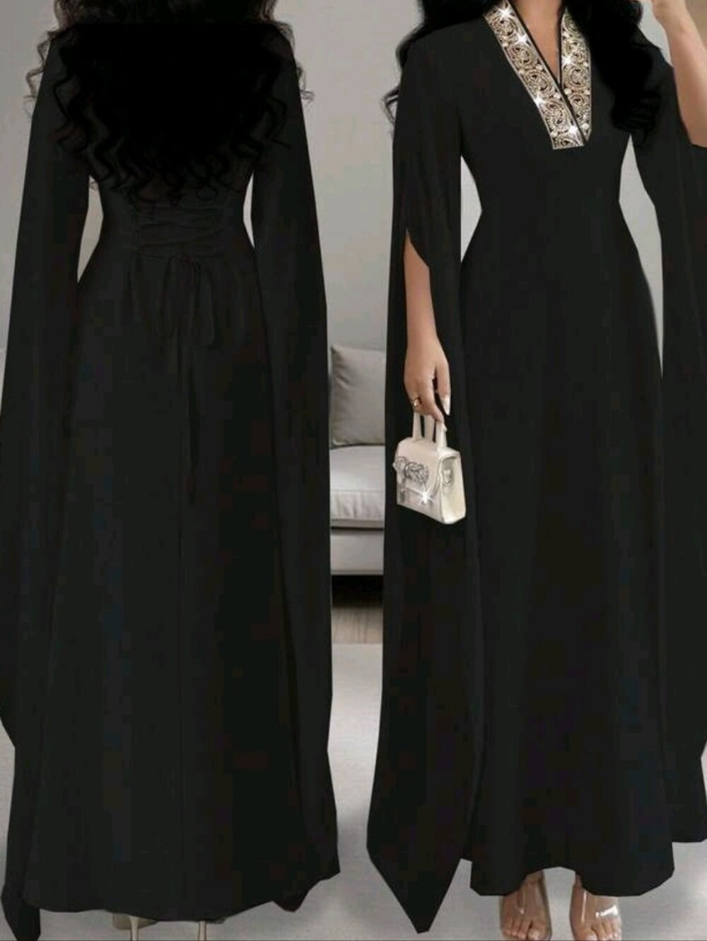 Elegant Black Maxi Dress with Embroidered V-Neck SMALL
